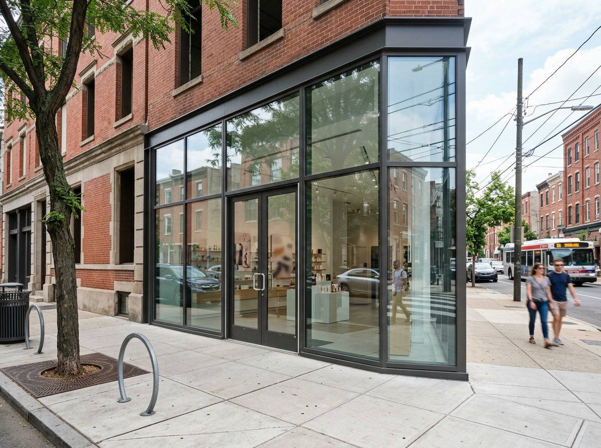 Clean commercial storefront glass in Philadelphia protected by anti-graffiti window film
