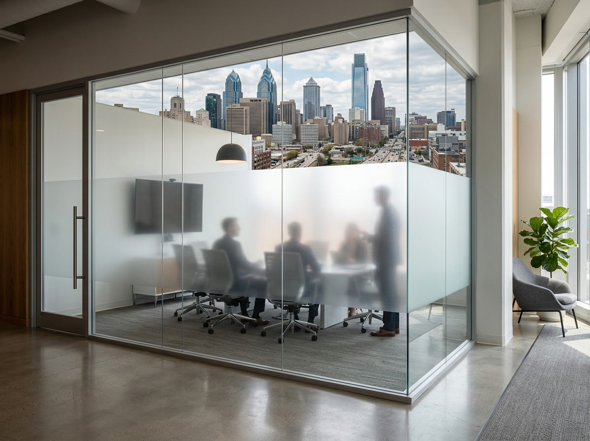 Frosted privacy window film on a conference room partition in a Philadelphia PA office