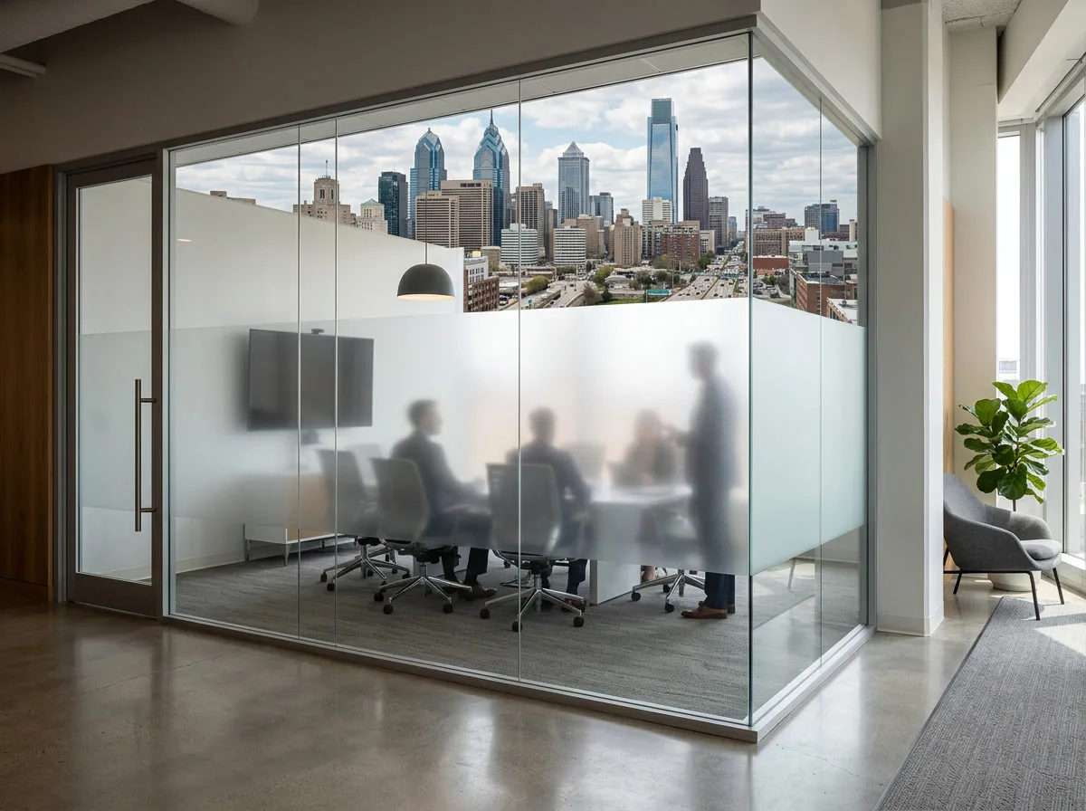 Frosted privacy window film on a conference room partition in a Philadelphia PA office