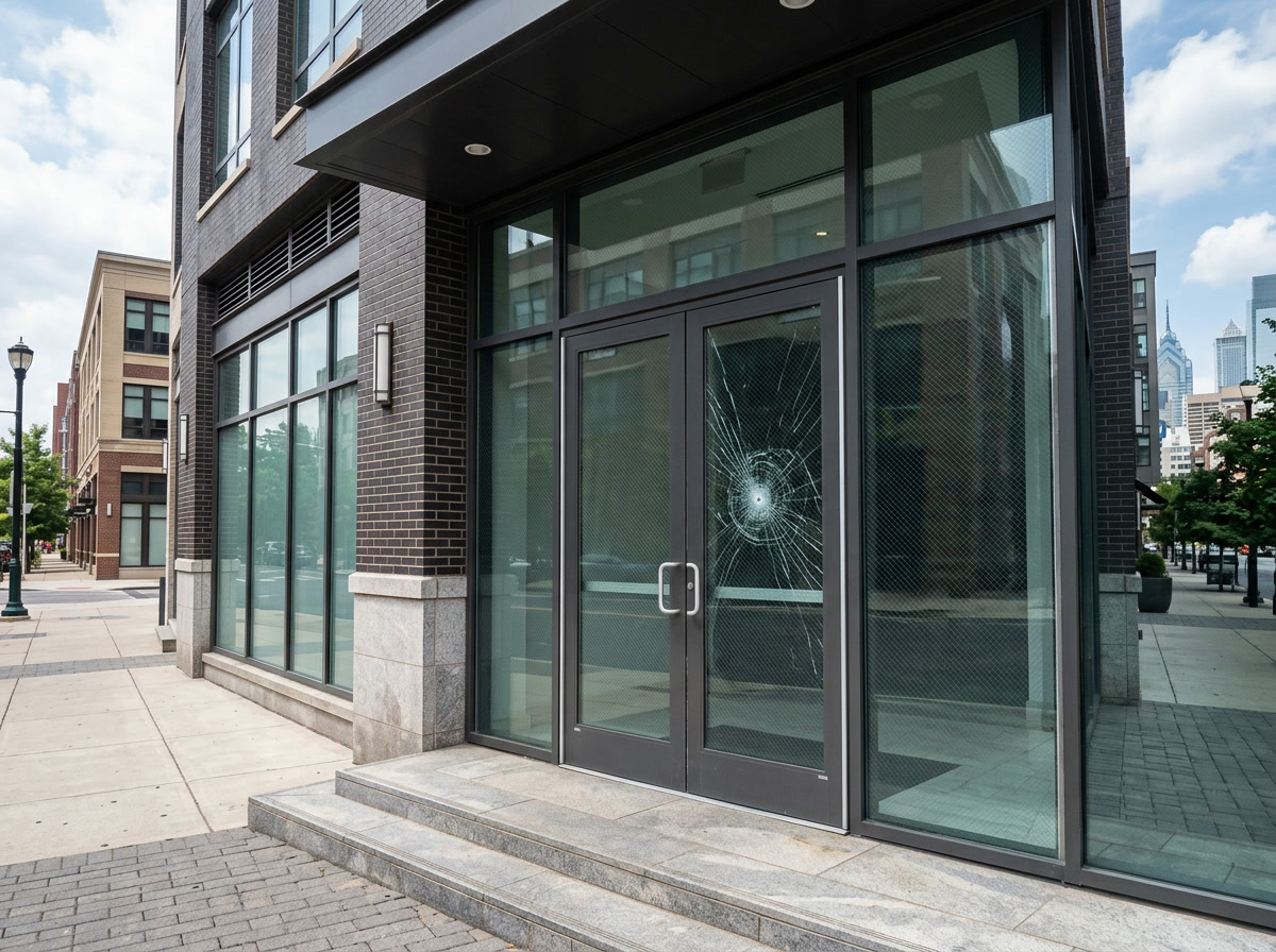 Secure commercial building entrance in Philadelphia PA with safety and security window film on glass doors