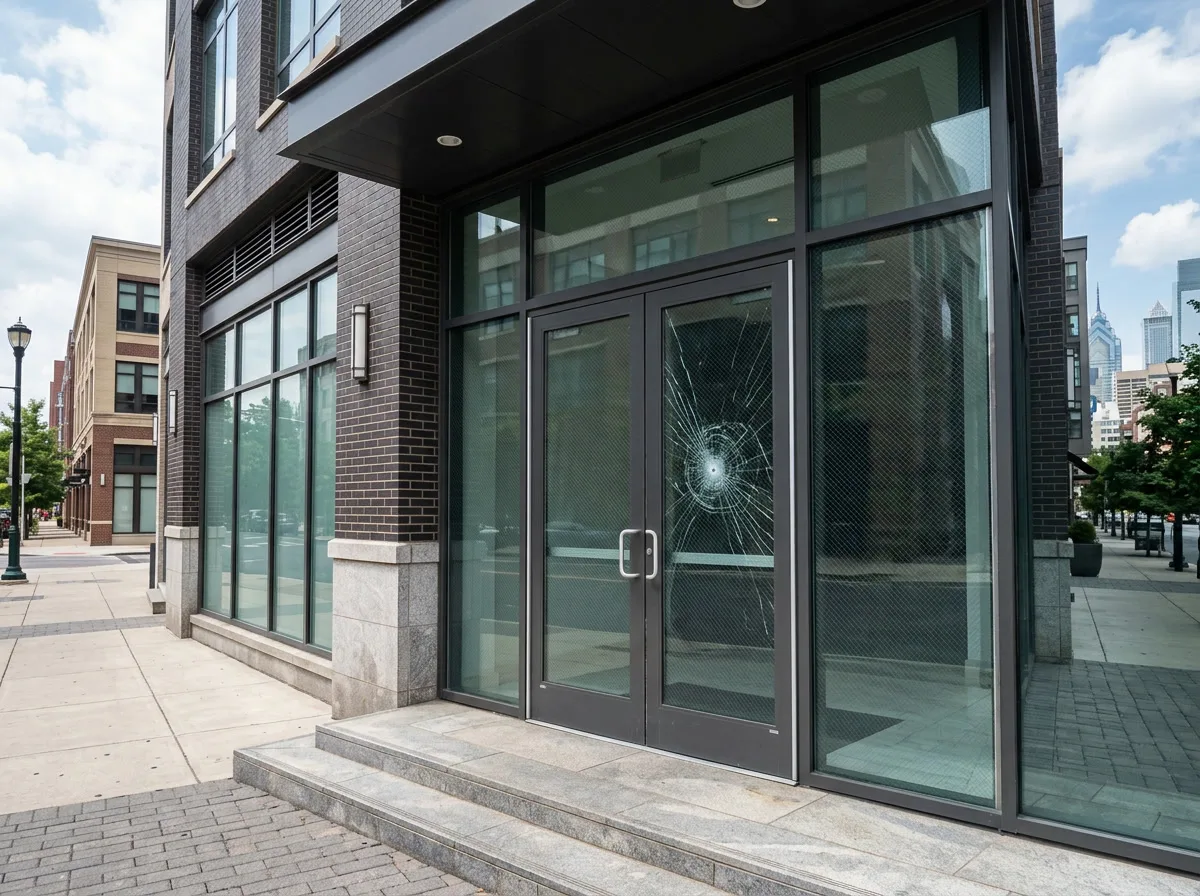 Secure commercial building entrance in Philadelphia PA with safety and security window film on glass doors