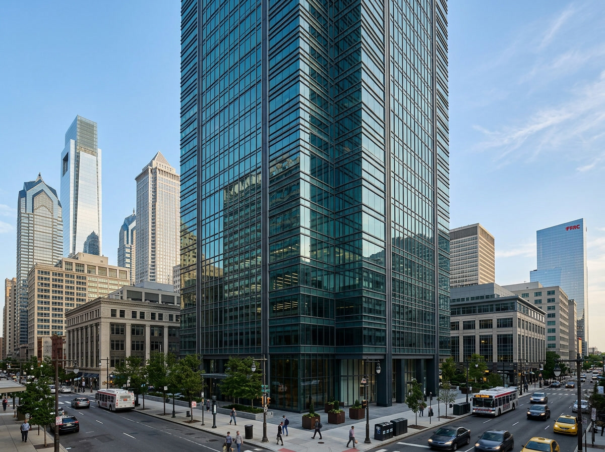 Solar control window film on a modern Philadelphia commercial office building exterior