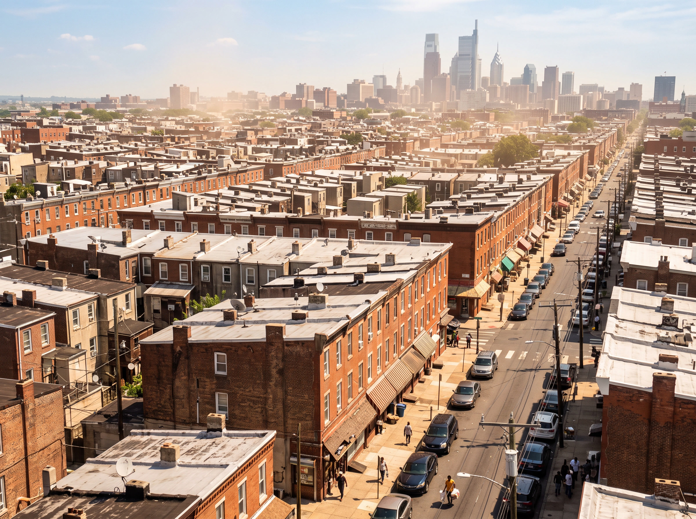 Philadelphia skyline and rowhouse neighborhoods along the Schuylkill and Delaware Rivers — Philadelphia's summer heat and humidity make window film essential