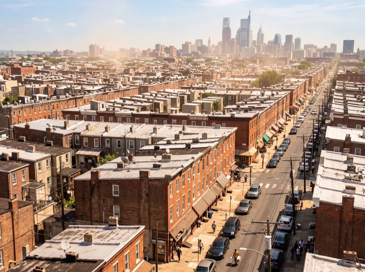 Philadelphia skyline and rowhouse neighborhoods along the Schuylkill and Delaware Rivers — Philadelphia's summer heat and humidity make window film essential