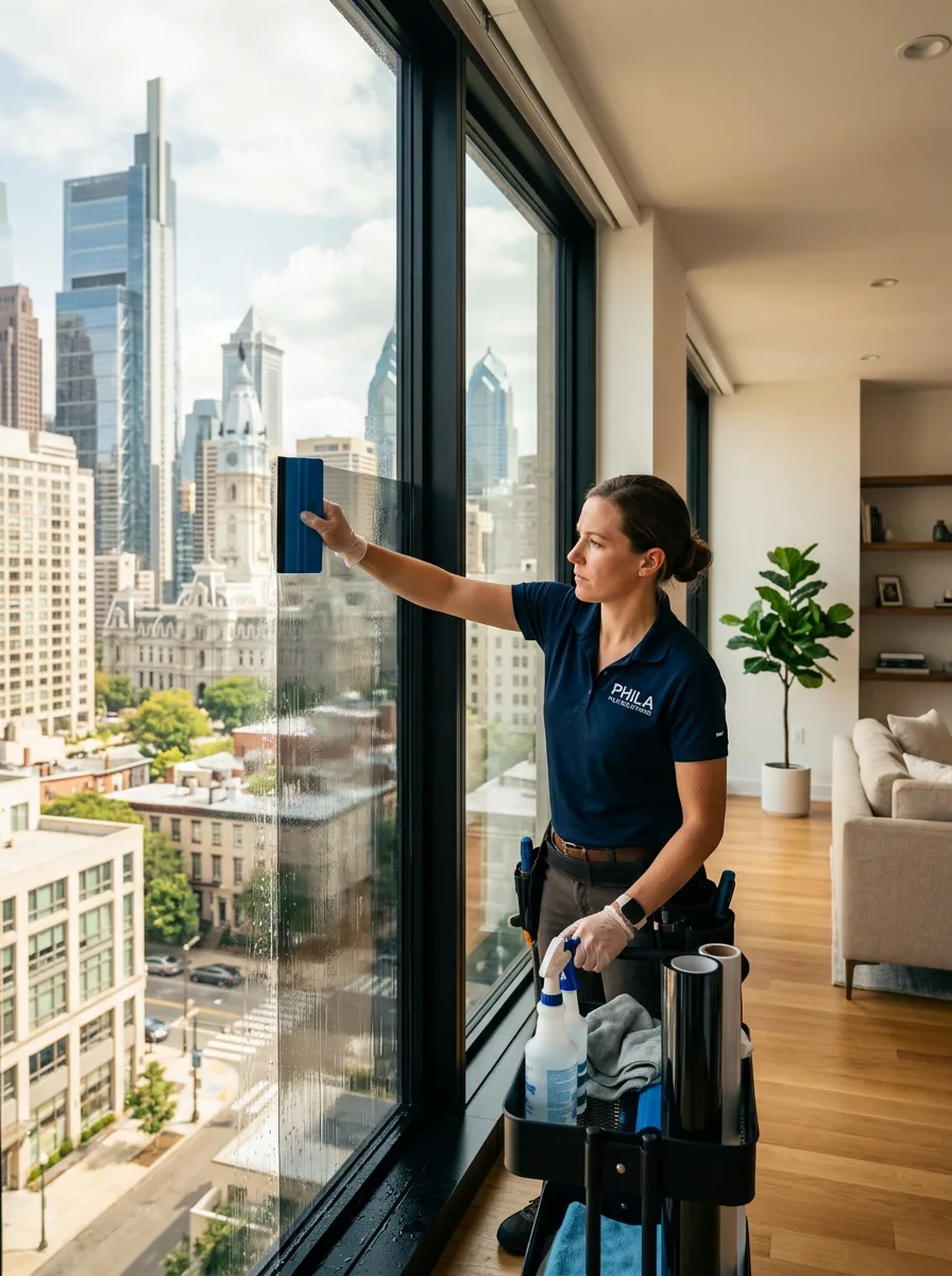 Window Film Philadelphia installer applying solar control film to floor-to-ceiling window with Philadelphia skyline in background