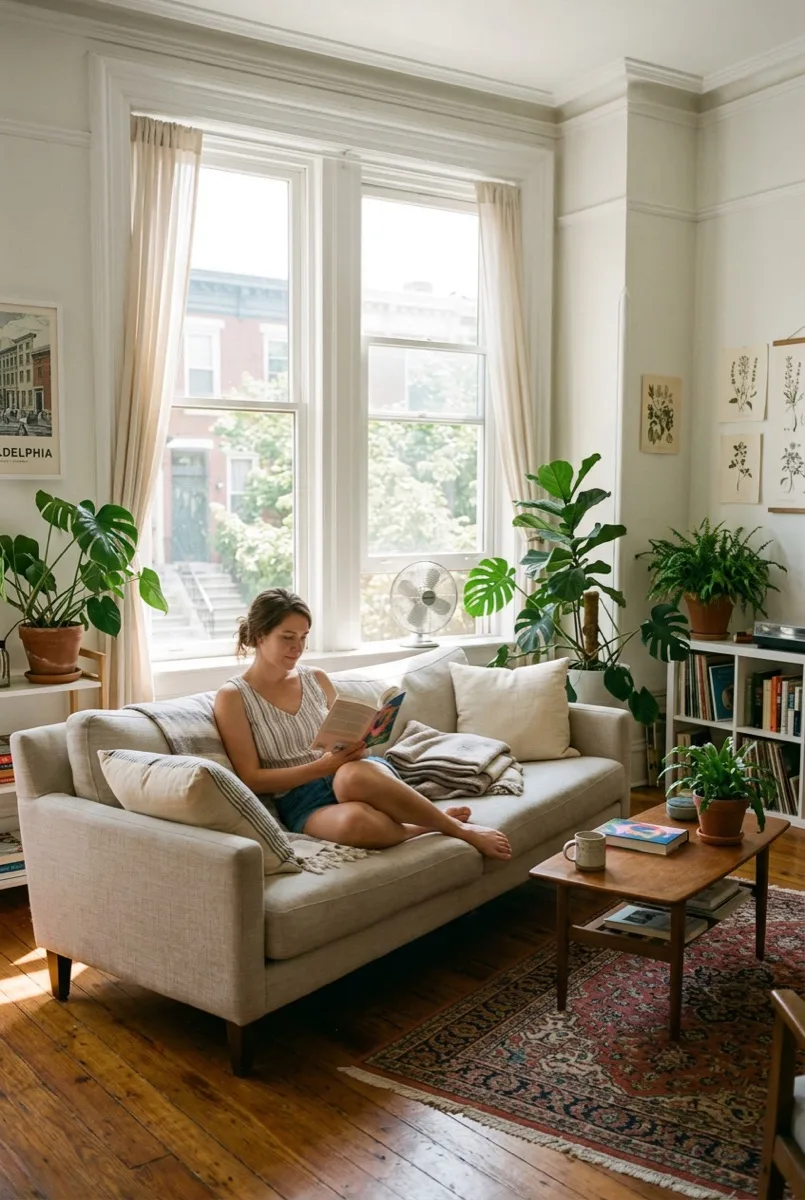 Philadelphia rowhouse living room staying cool and comfortable after energy saving window film installation