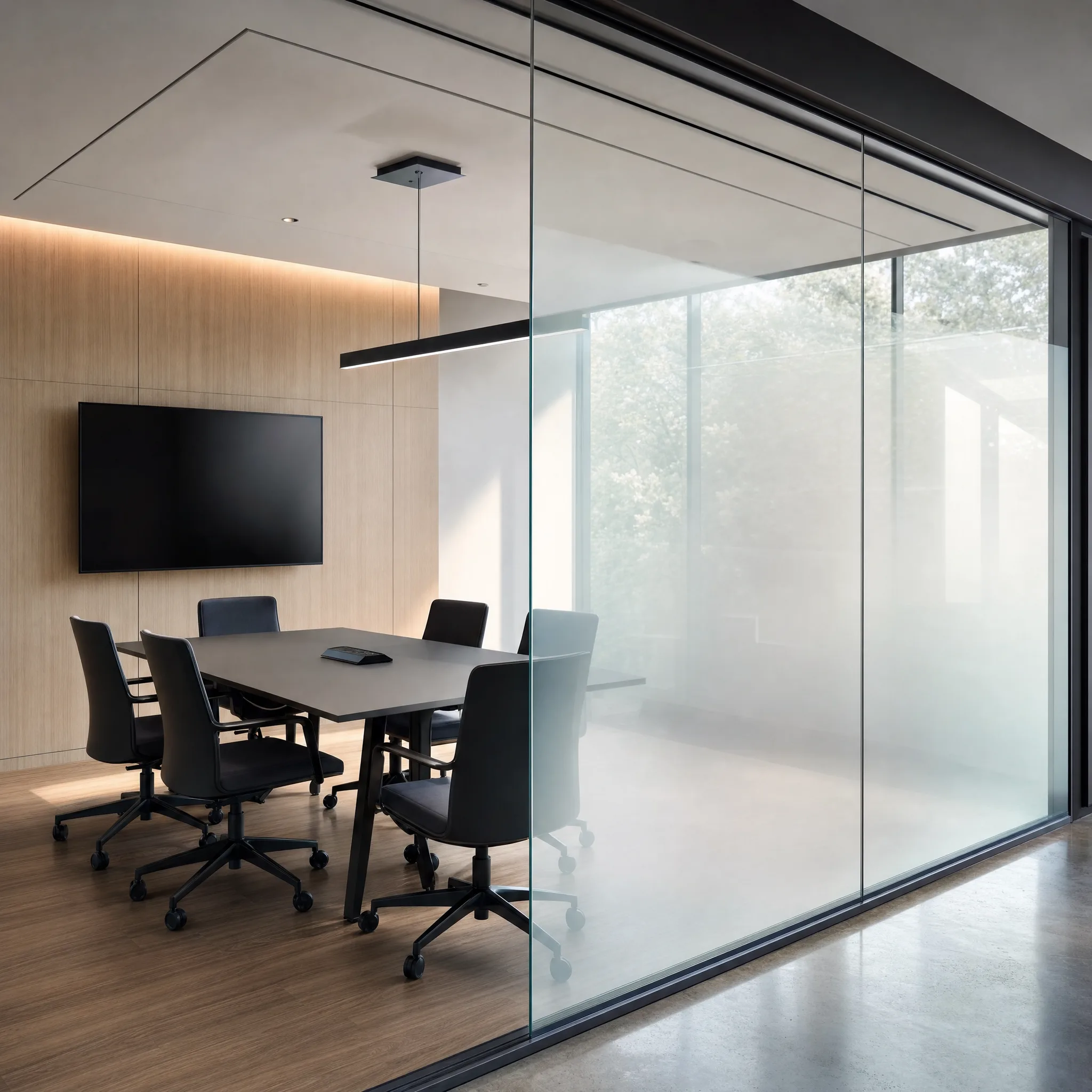 Casper cloaking film on conference room glass - LED screens invisible from outside