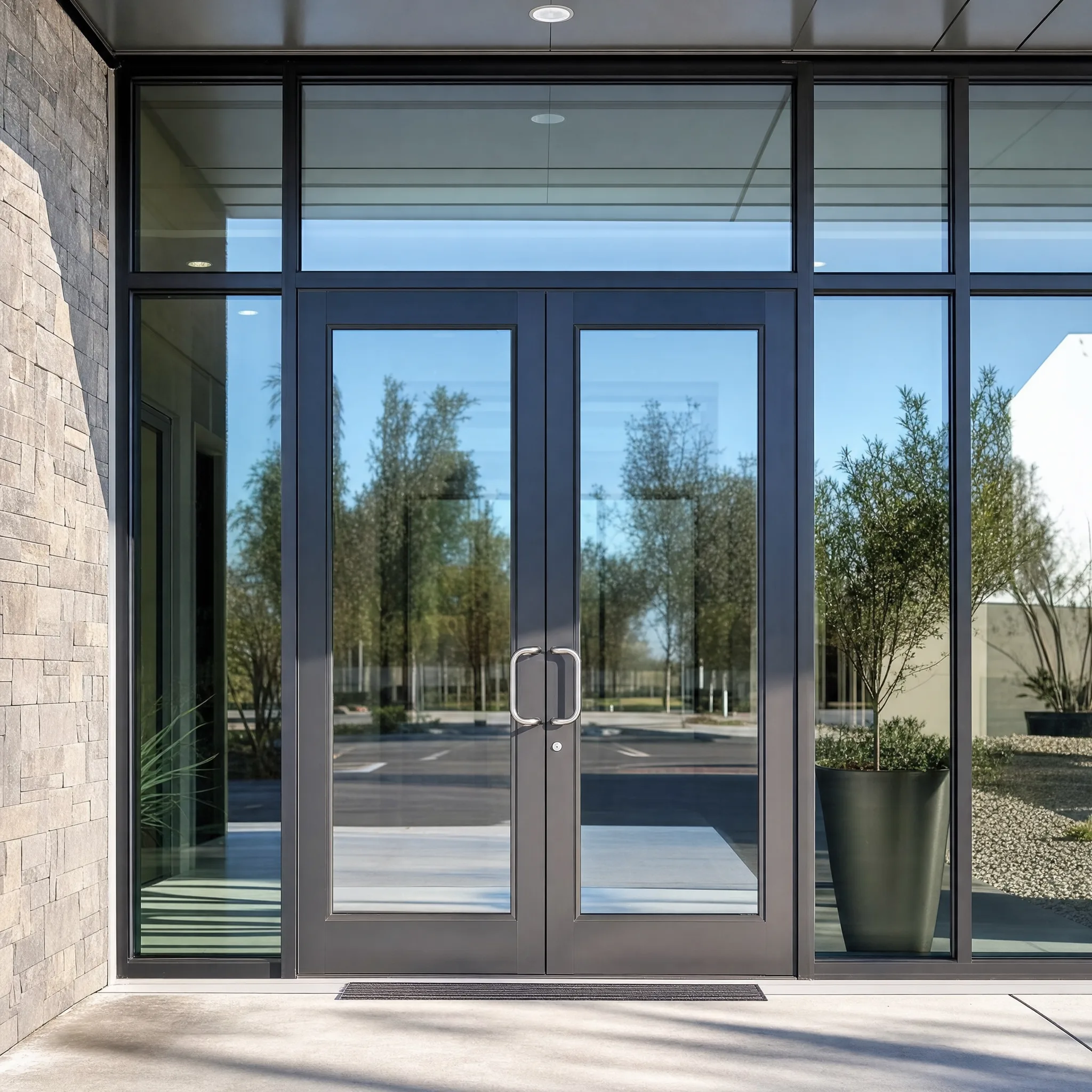 C-Bond security film reinforcing a commercial storefront glass entrance in Pittsburgh