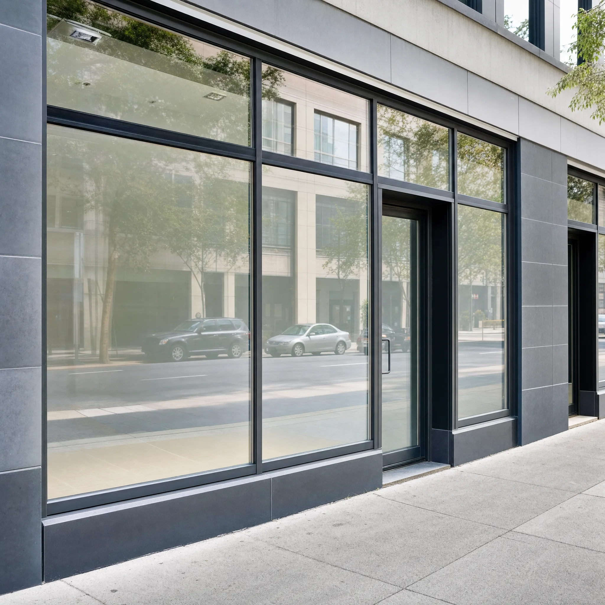 Clean unmarked storefront glass in Pittsburgh protected by Graffiti Shield sacrificial film