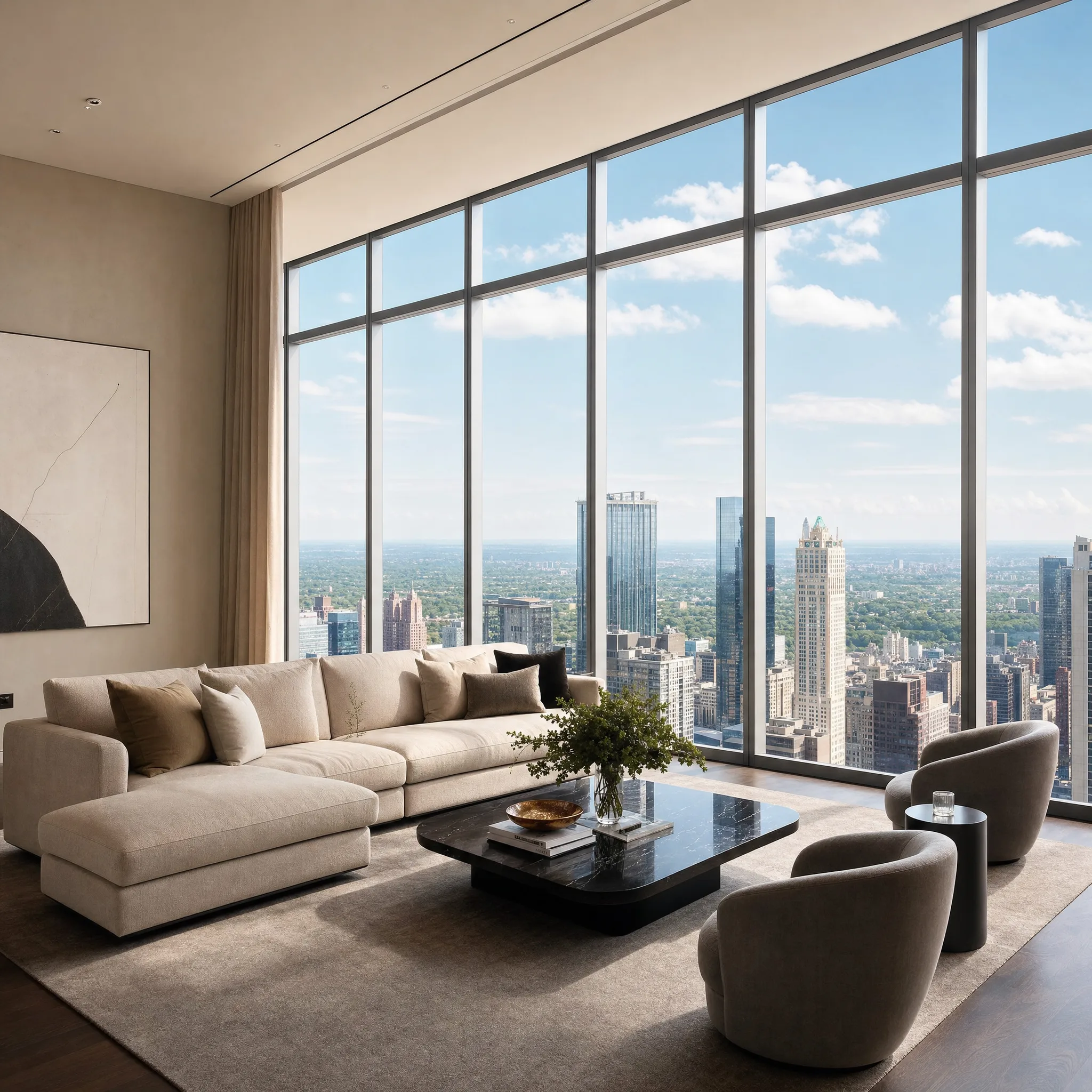 Crystal-clear Huper Optik ceramic window film in a luxury high-rise interior