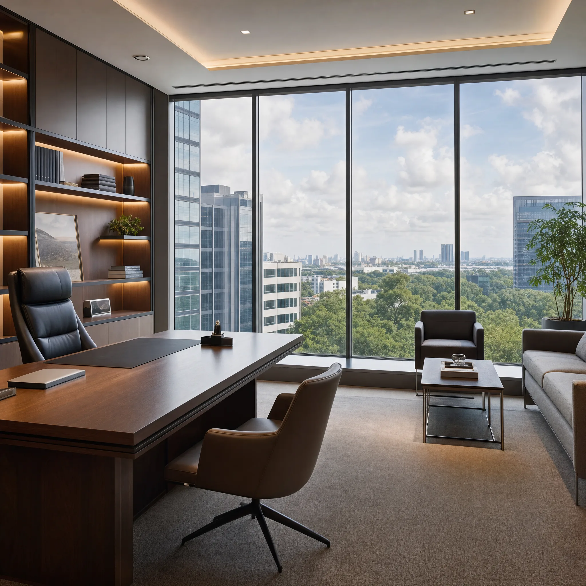 Executive office interior with Madico optically clear safety window film