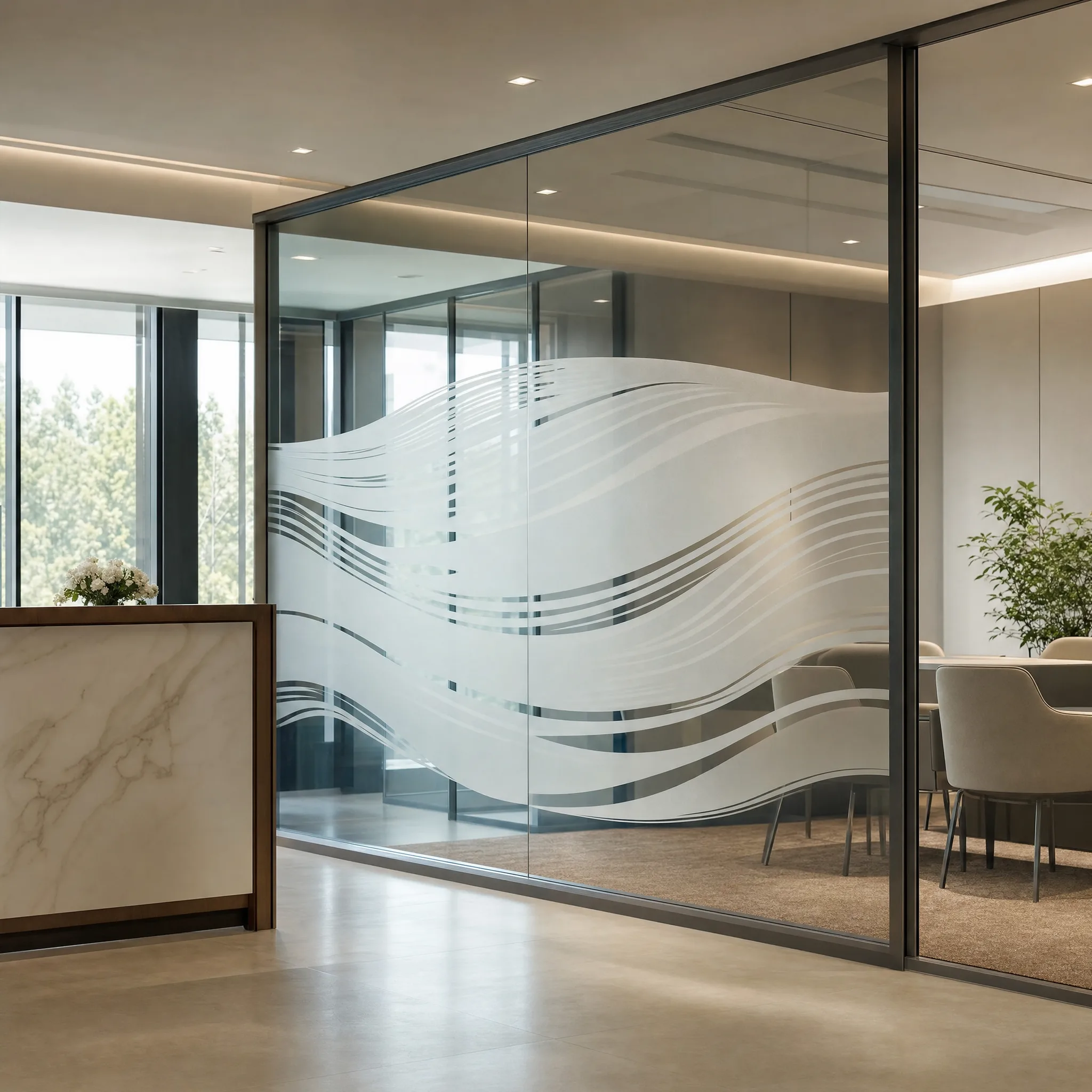 Elegant decorative frosted glass film in a Pittsburgh PA professional office lobby