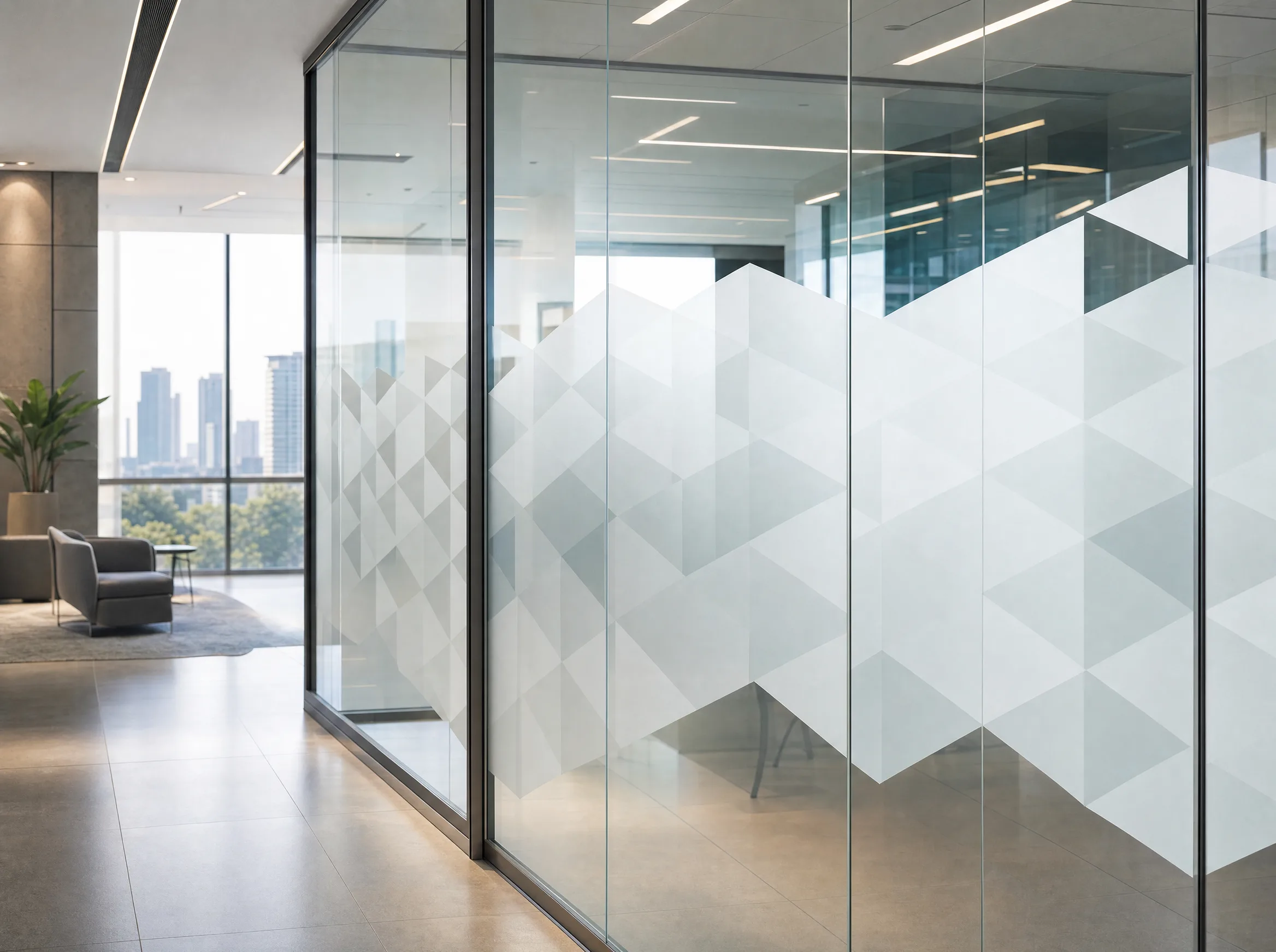 Decorative frosted glass pattern on a partition wall in a Pittsburgh PA office or lobby