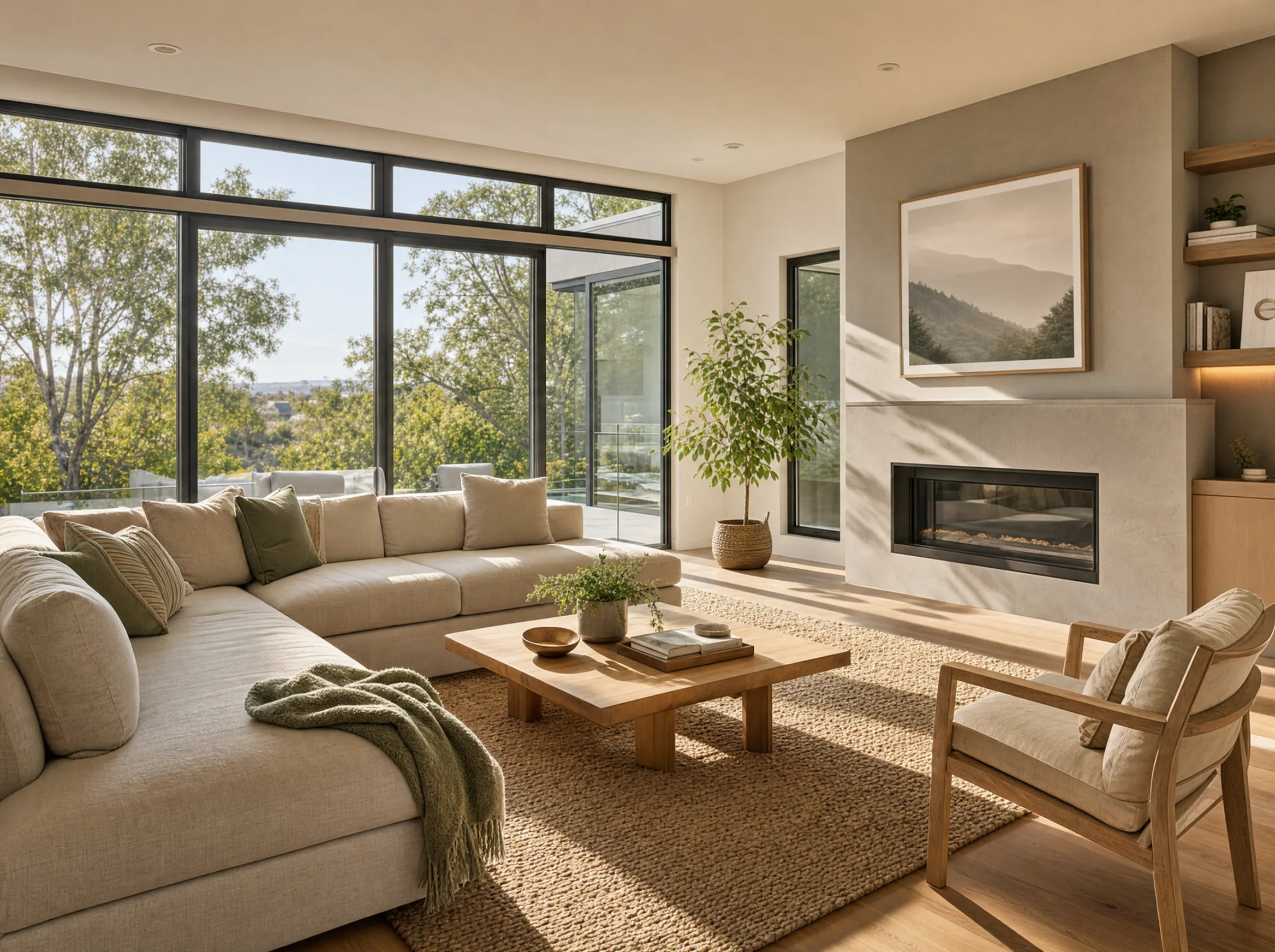 Energy-saving window film in a Pittsburgh PA hillside rowhouse living room — natural light filtered, cooler interior