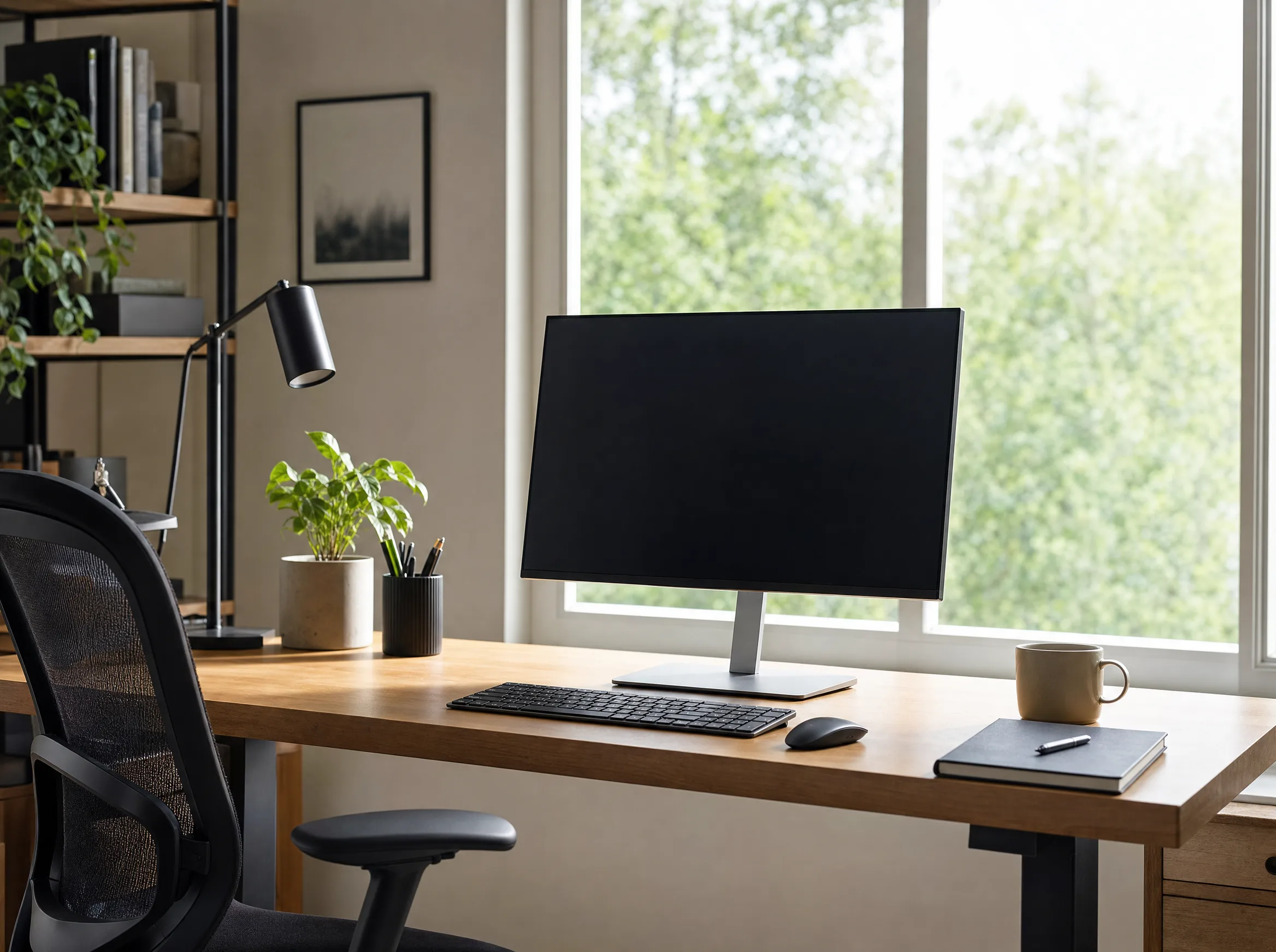 Pittsburgh PA office worker at computer desk near window with no screen glare after window film installation
