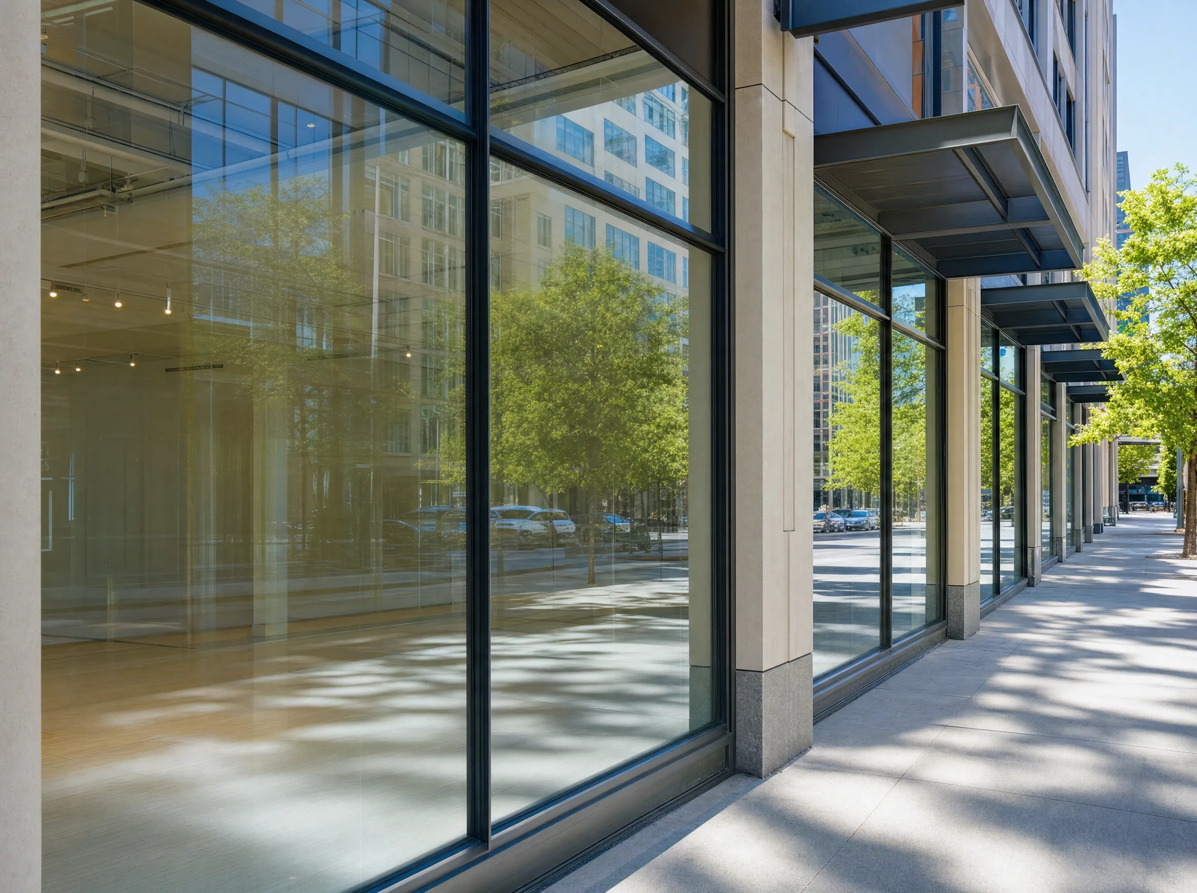 Clean commercial storefront glass in Pittsburgh protected by anti-graffiti window film