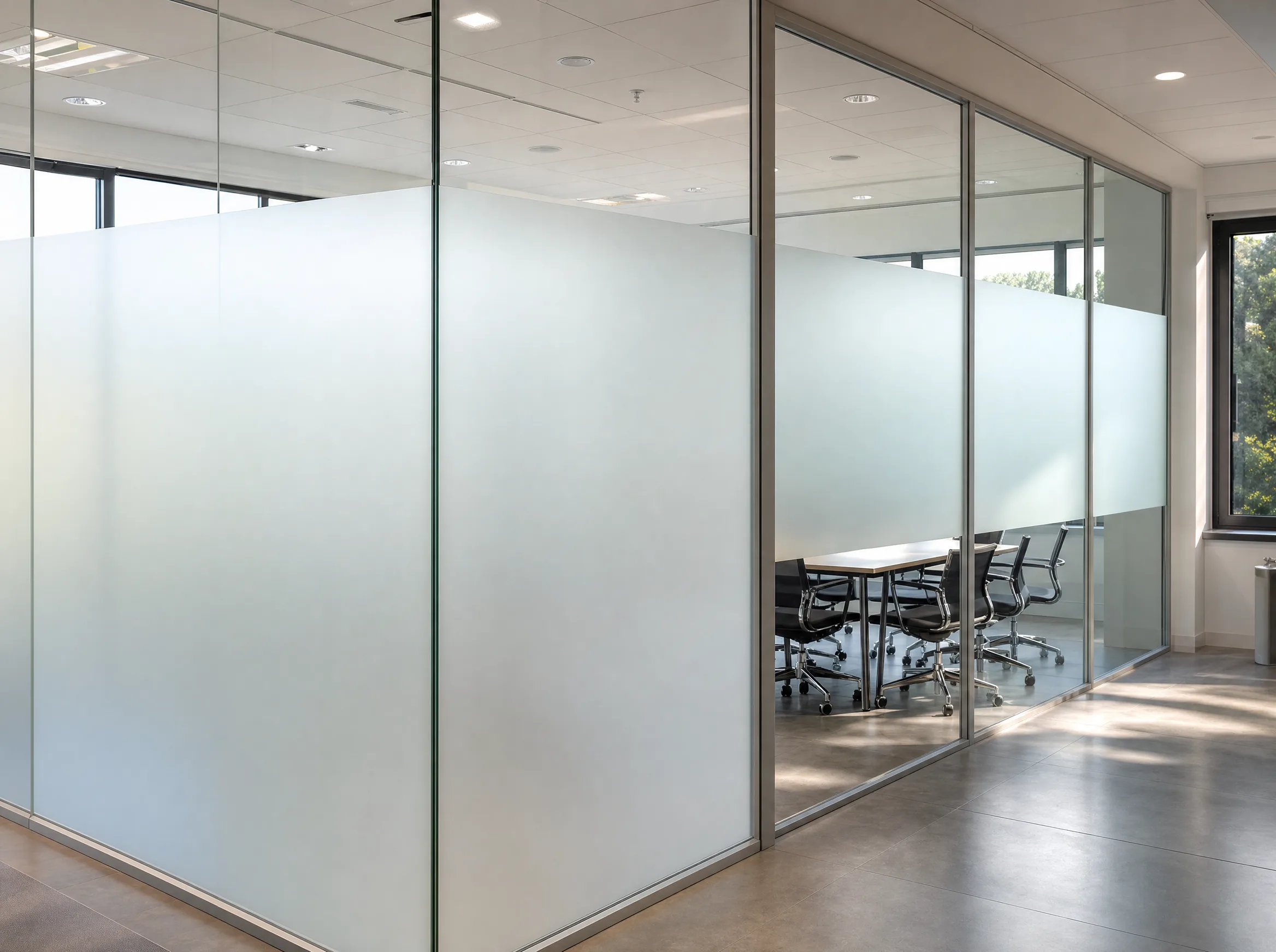 Frosted privacy window film on a conference room partition in a Pittsburgh PA office
