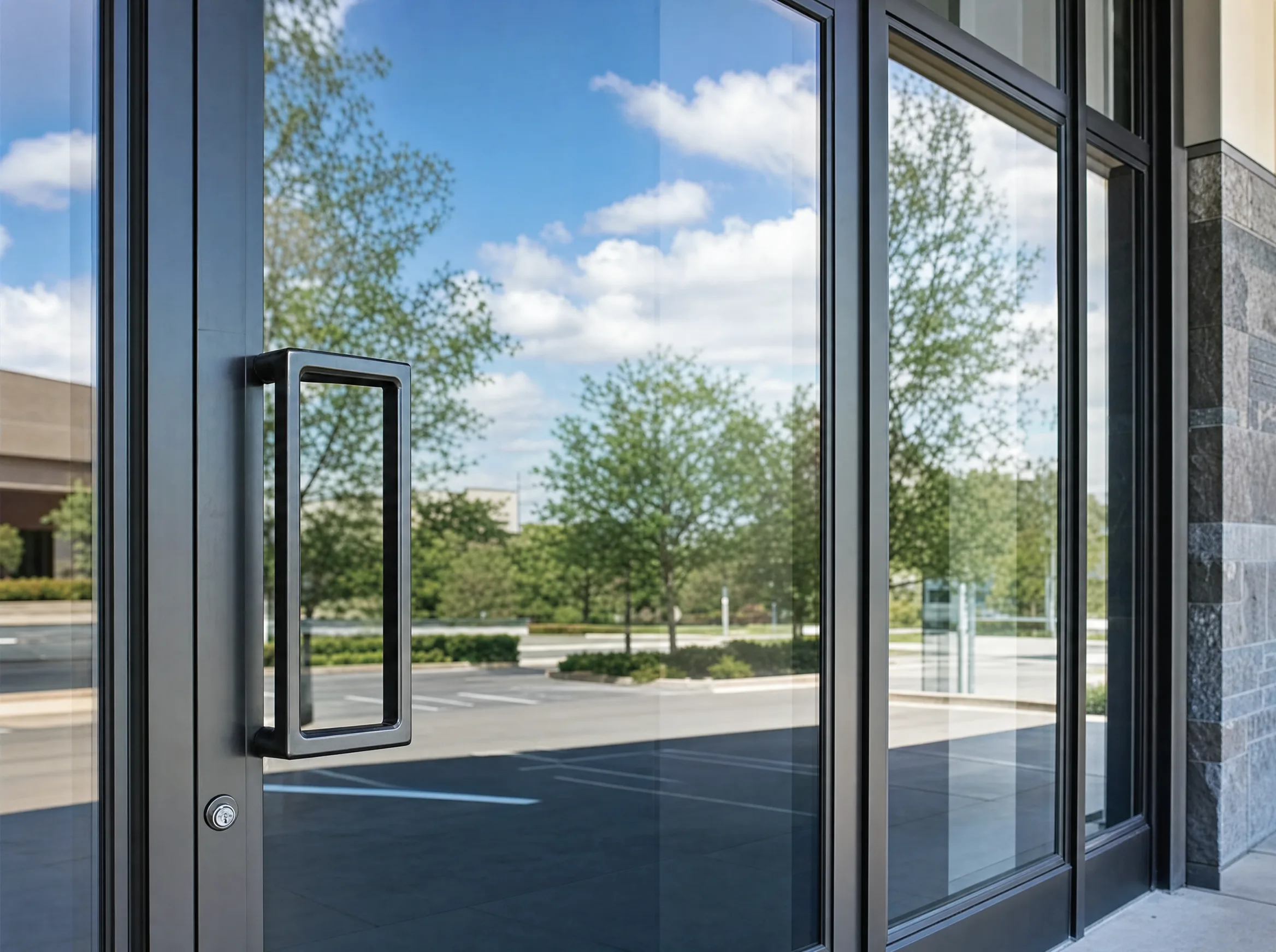 Secure commercial building entrance in Pittsburgh PA with safety and security window film on glass doors