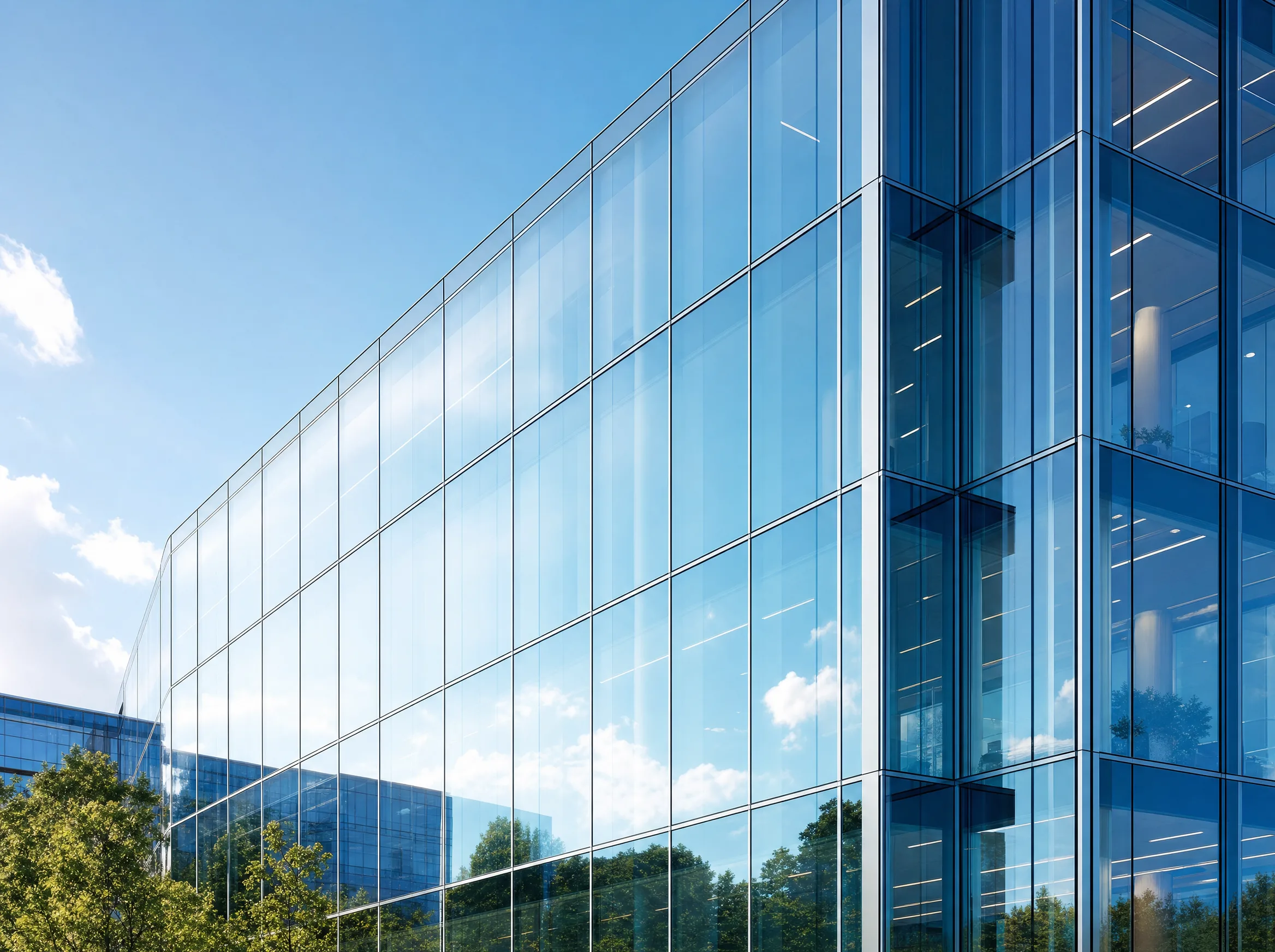 Solar control window film on a modern Pittsburgh commercial office building exterior