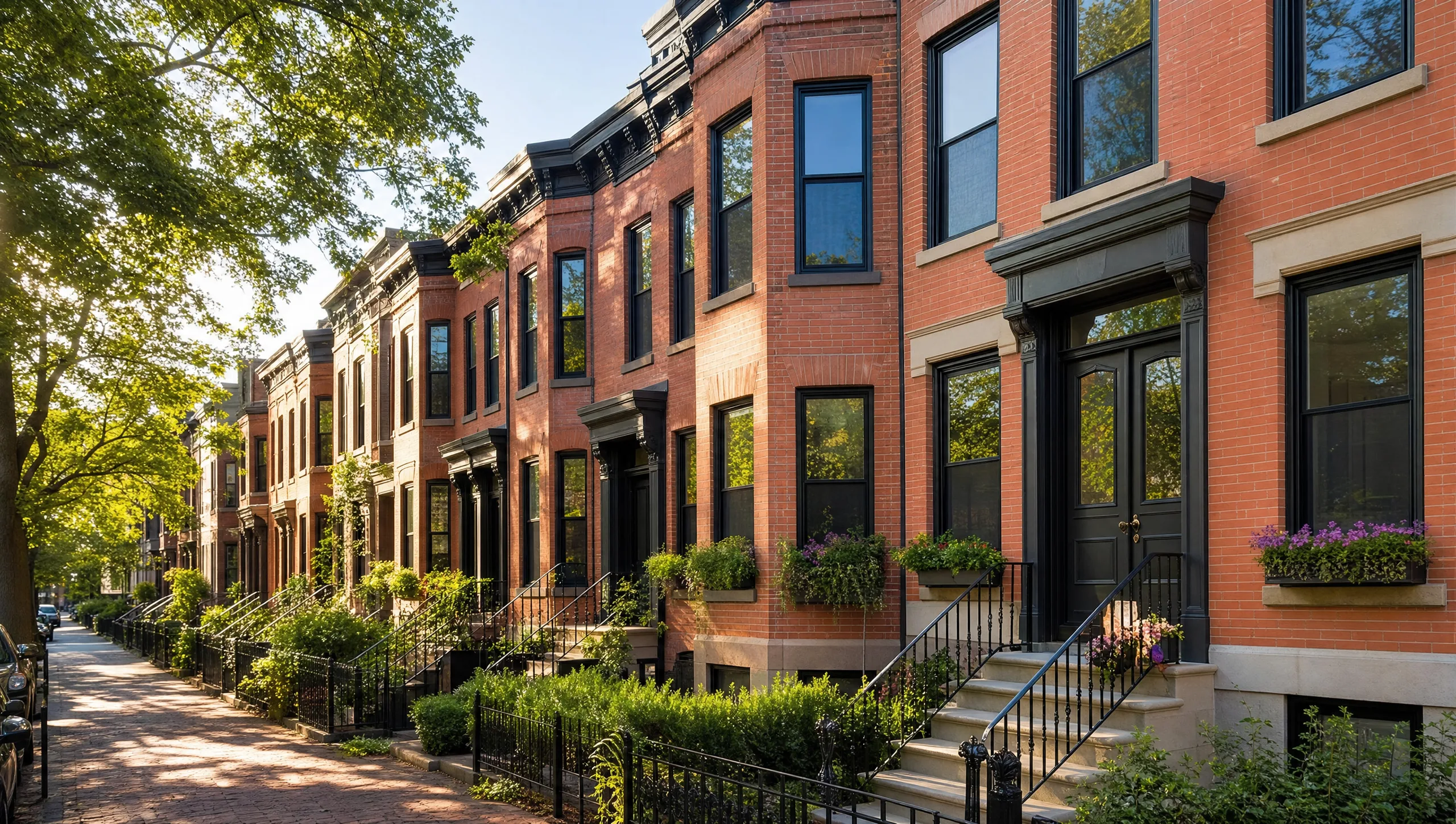Brick rowhouses in Pittsburgh PA - solar control and security window film for Pittsburgh residential homes