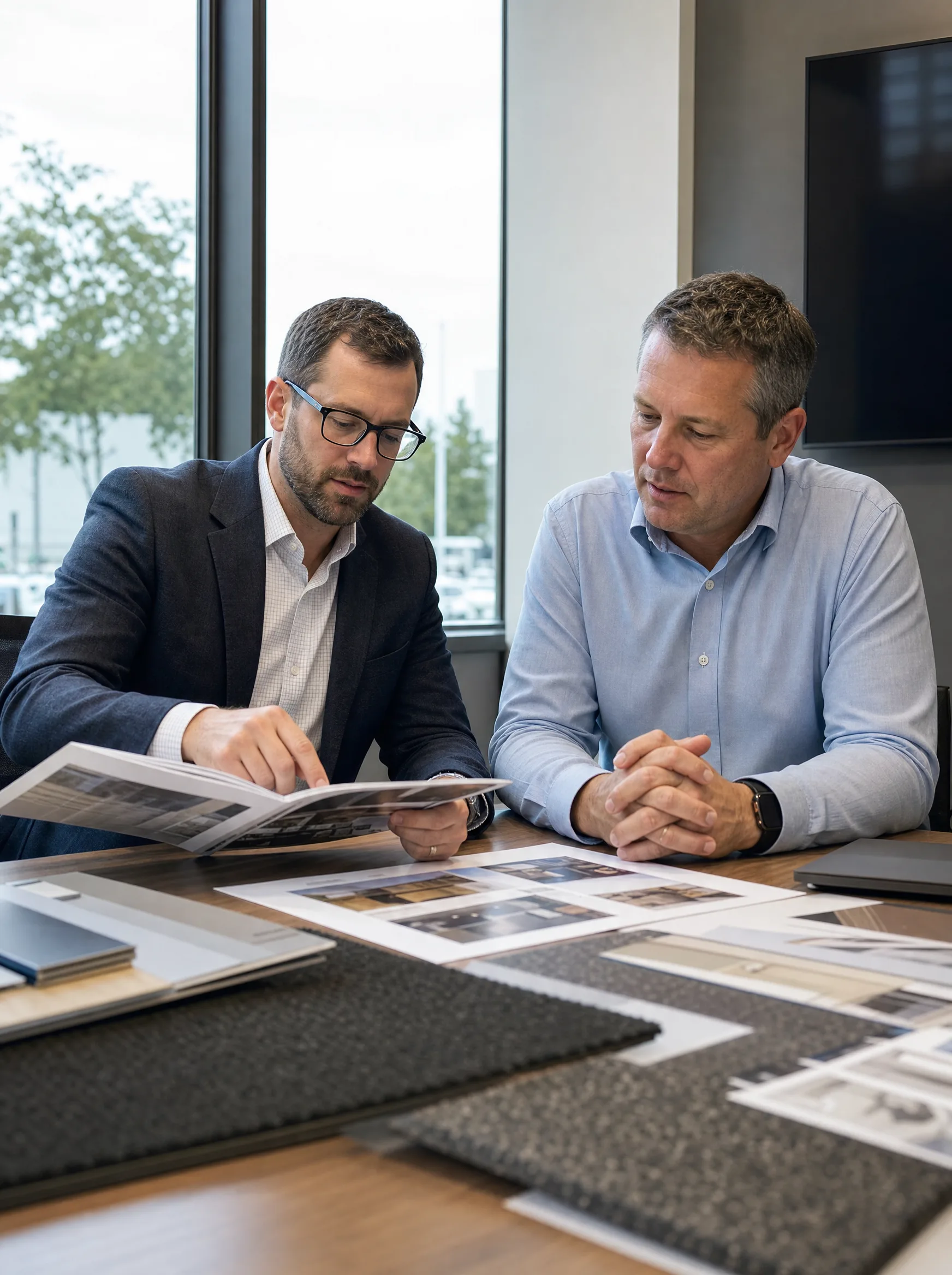 Window Film Philadelphia reviewing manufacturer window film spec sheets and performance data with a Pittsburgh PA commercial client