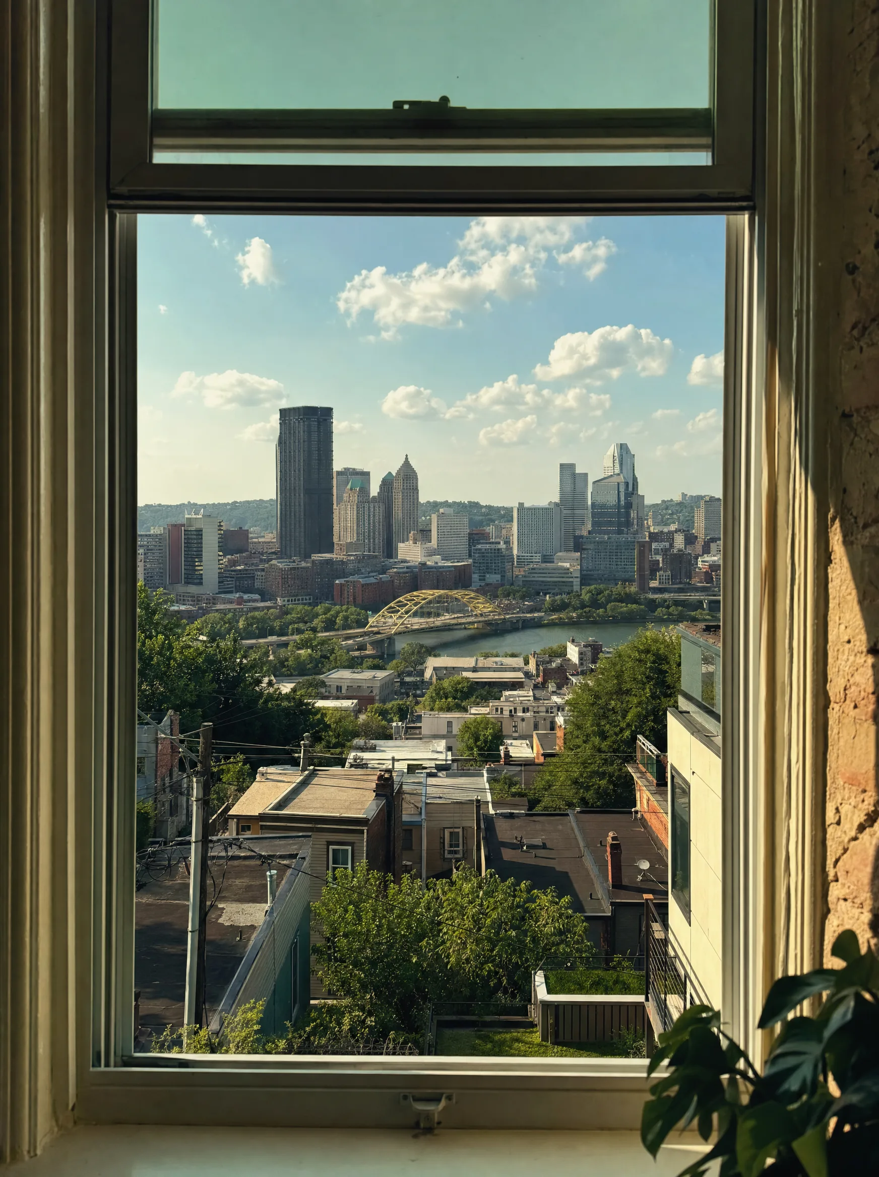 Pittsburgh skyline and hillside neighborhoods at the confluence of the Allegheny and Monongahela Rivers — Pittsburgh's summer heat and river-valley humidity make window film essential