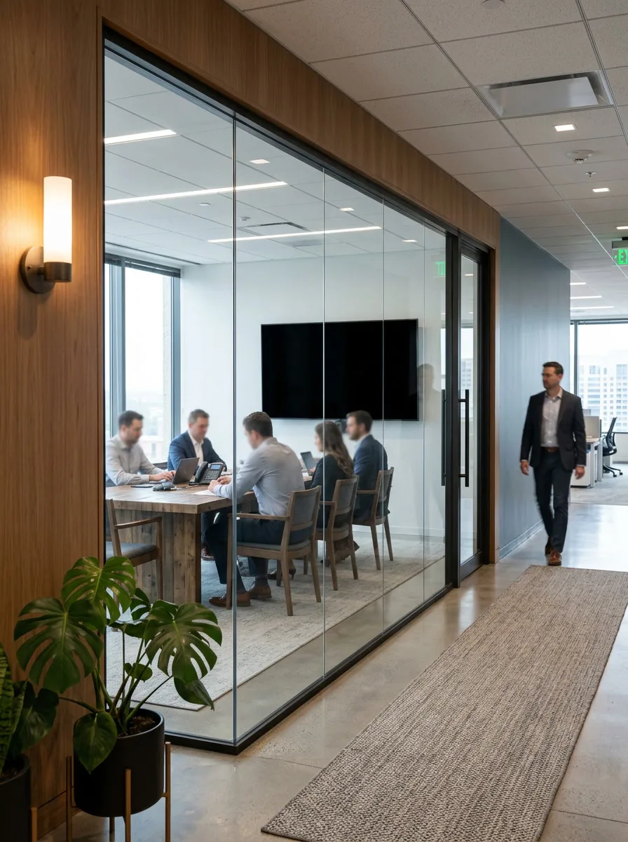 Casper cloaking film on conference room glass - LED screens invisible from outside