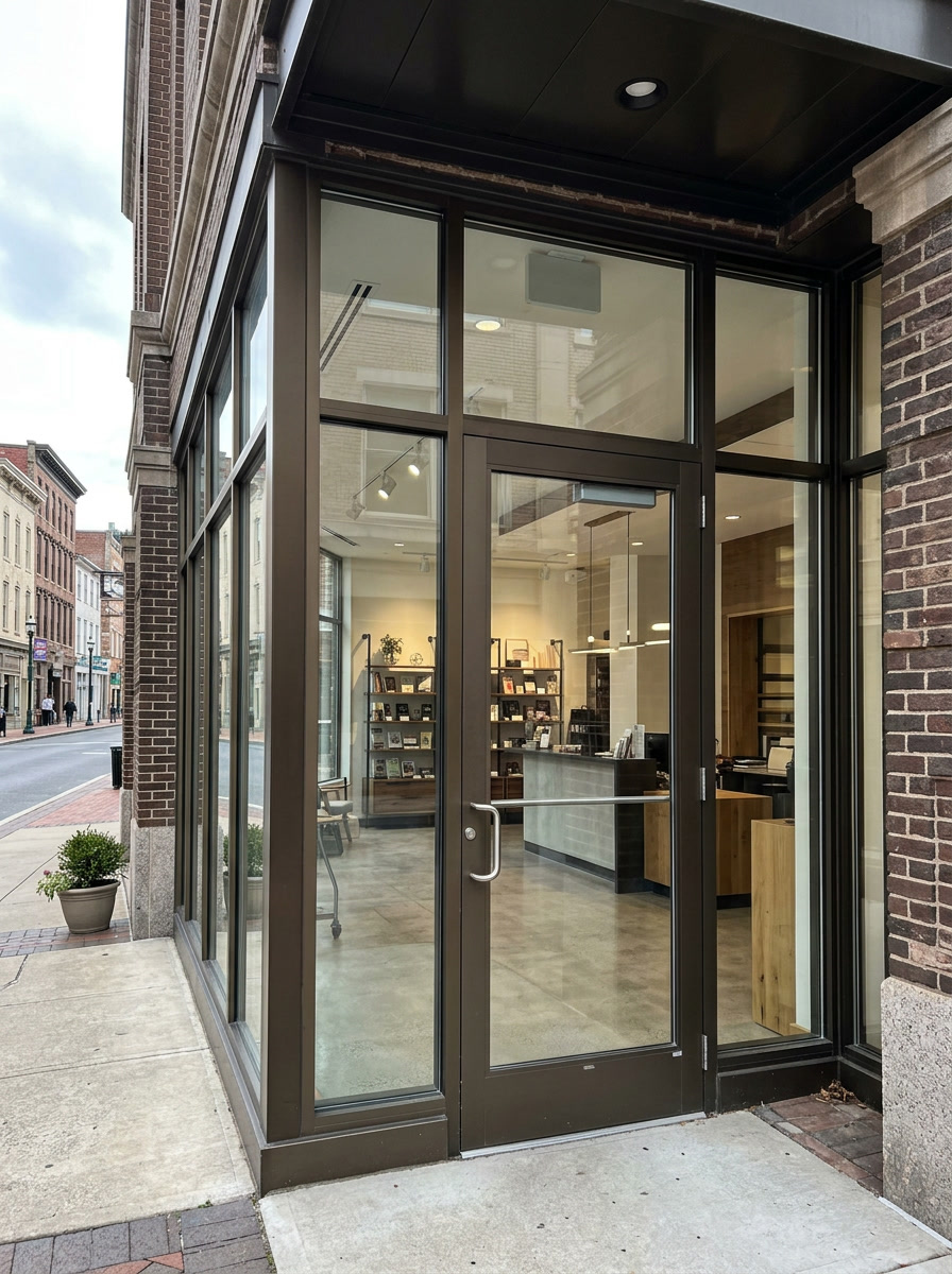 C-Bond security film reinforcing a commercial storefront glass entrance in Berks County