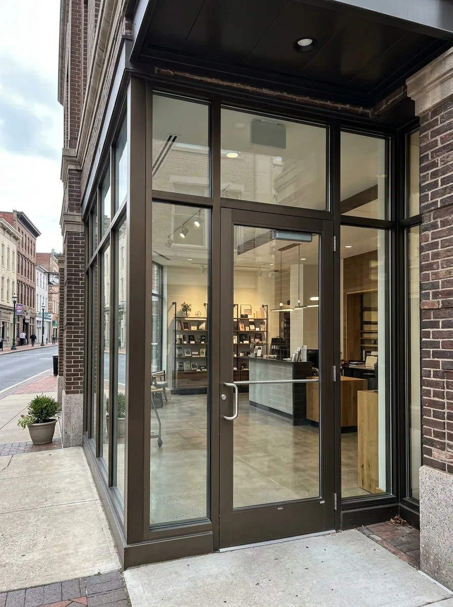 C-Bond security film reinforcing a commercial storefront glass entrance in Berks County
