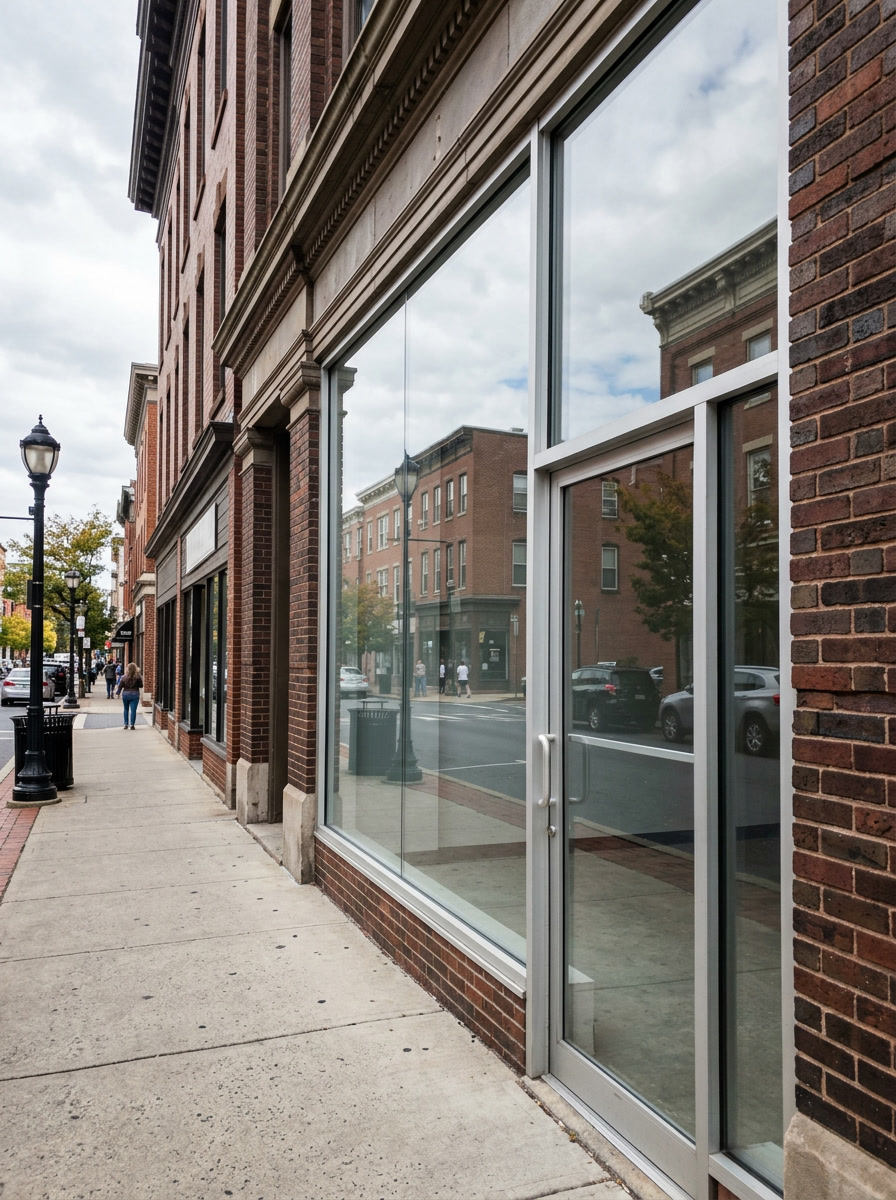Clean unmarked storefront glass in Reading PA protected by Graffiti Shield sacrificial film