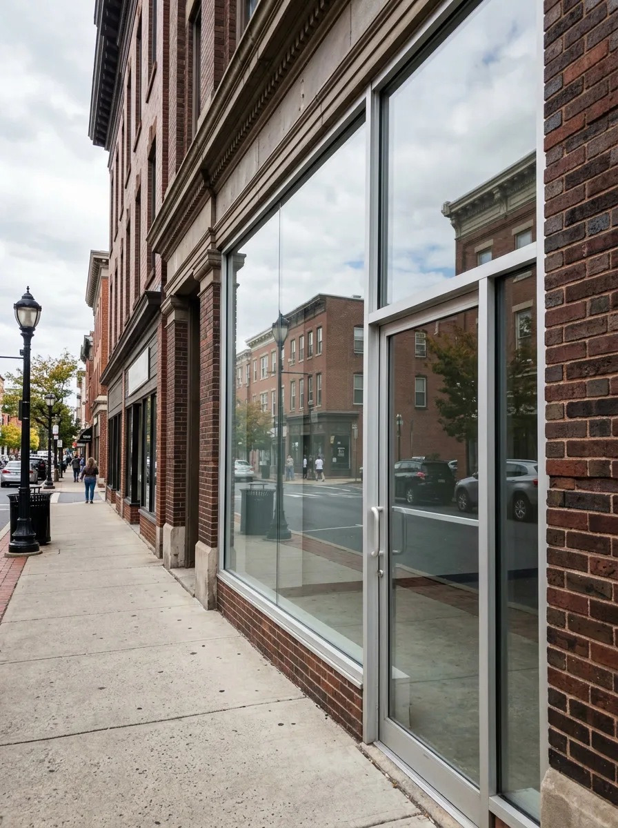 Clean unmarked storefront glass in Reading PA protected by Graffiti Shield sacrificial film