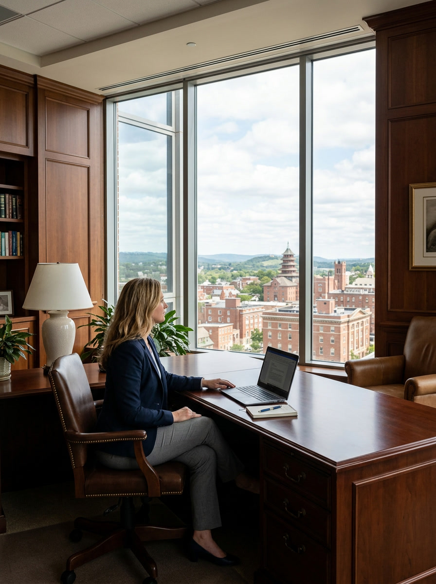 Executive office interior with Madico optically clear safety window film