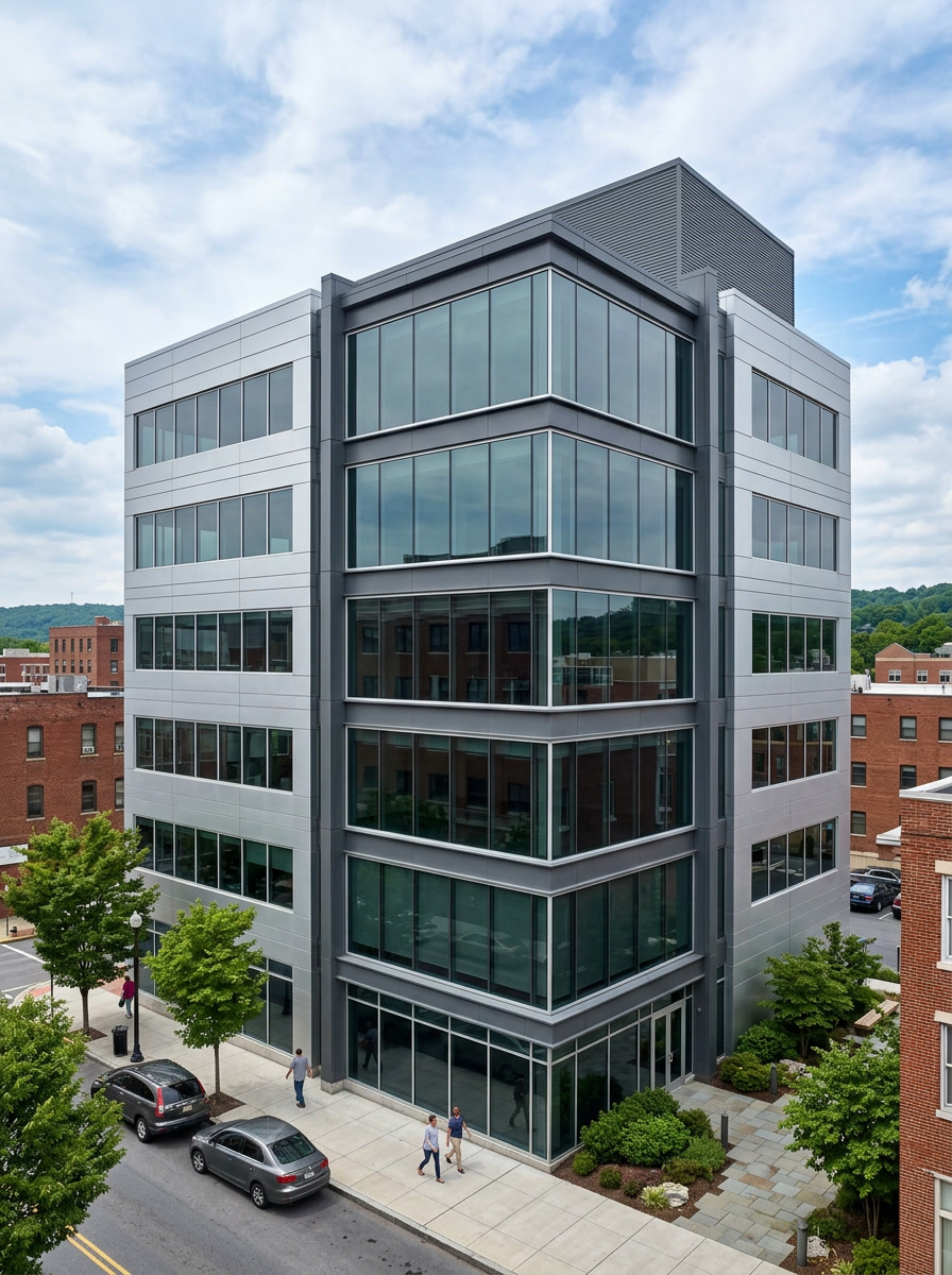 Solar Gard high-performance window film on a Reading PA commercial building — solar heat control