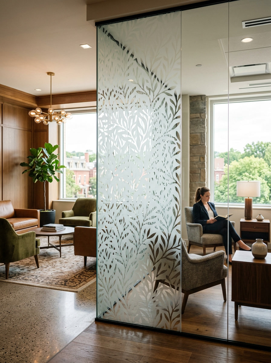 Elegant decorative frosted glass film in a Reading PA professional office lobby
