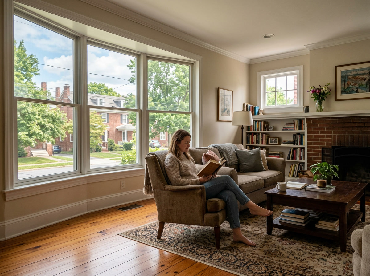 Warm Reading PA residential interior with large windows — window film keeps this Berks County home comfortable year-round