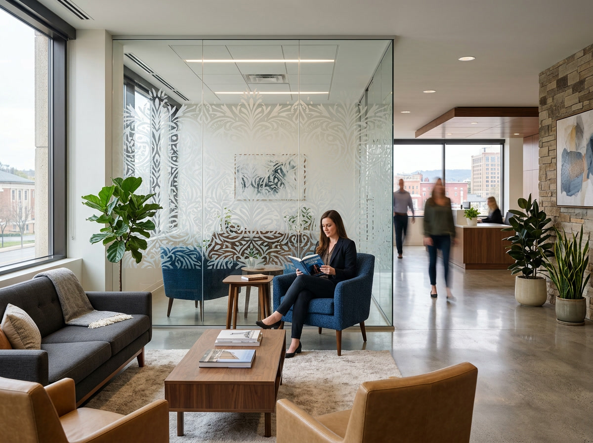 Decorative frosted glass pattern on a partition wall in a Reading PA office or lobby
