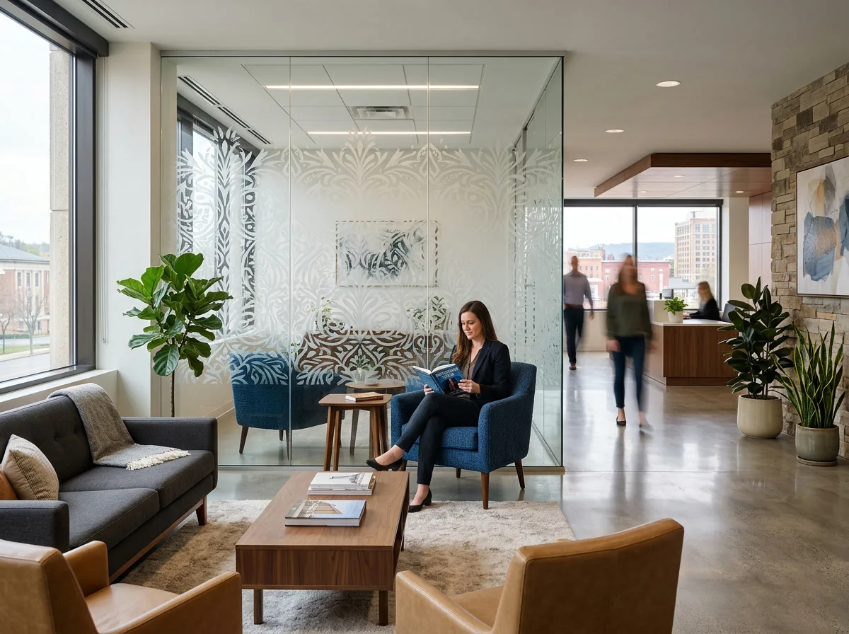Decorative frosted glass pattern on a partition wall in a Reading PA office or lobby