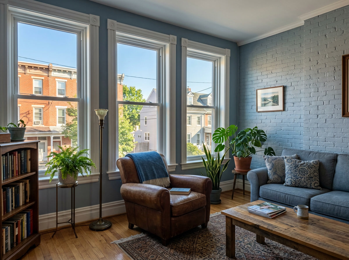 Energy-saving window film in a Reading PA brick rowhome living room — natural light filtered, cooler interior