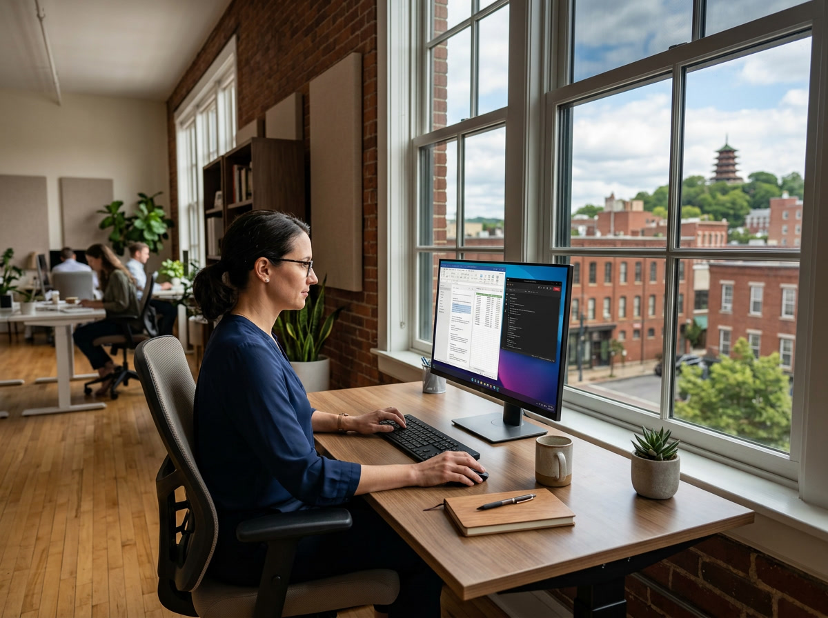 Reading PA office worker at computer desk near window with no screen glare after window film installation