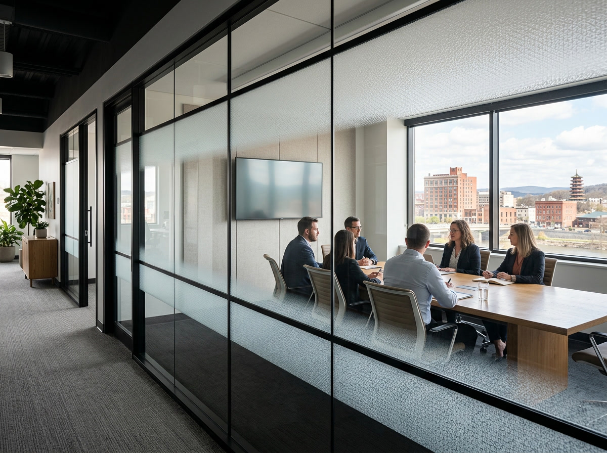 Frosted privacy window film on a conference room partition in a Reading PA office