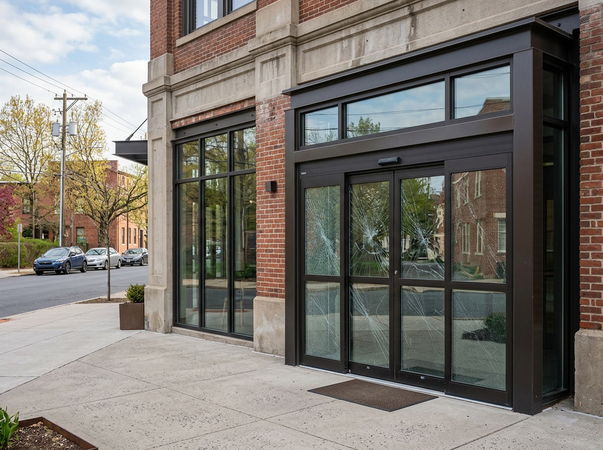 Secure commercial building entrance in Reading PA with safety and security window film on glass doors