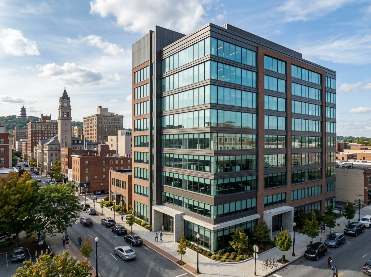 Solar control window film on a modern Reading PA commercial office building exterior