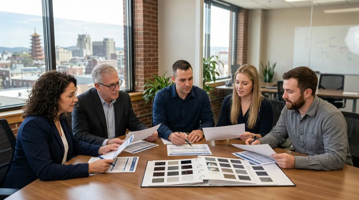 Window Film Philadelphia reviewing manufacturer window film spec sheets and performance data with a Reading PA commercial client