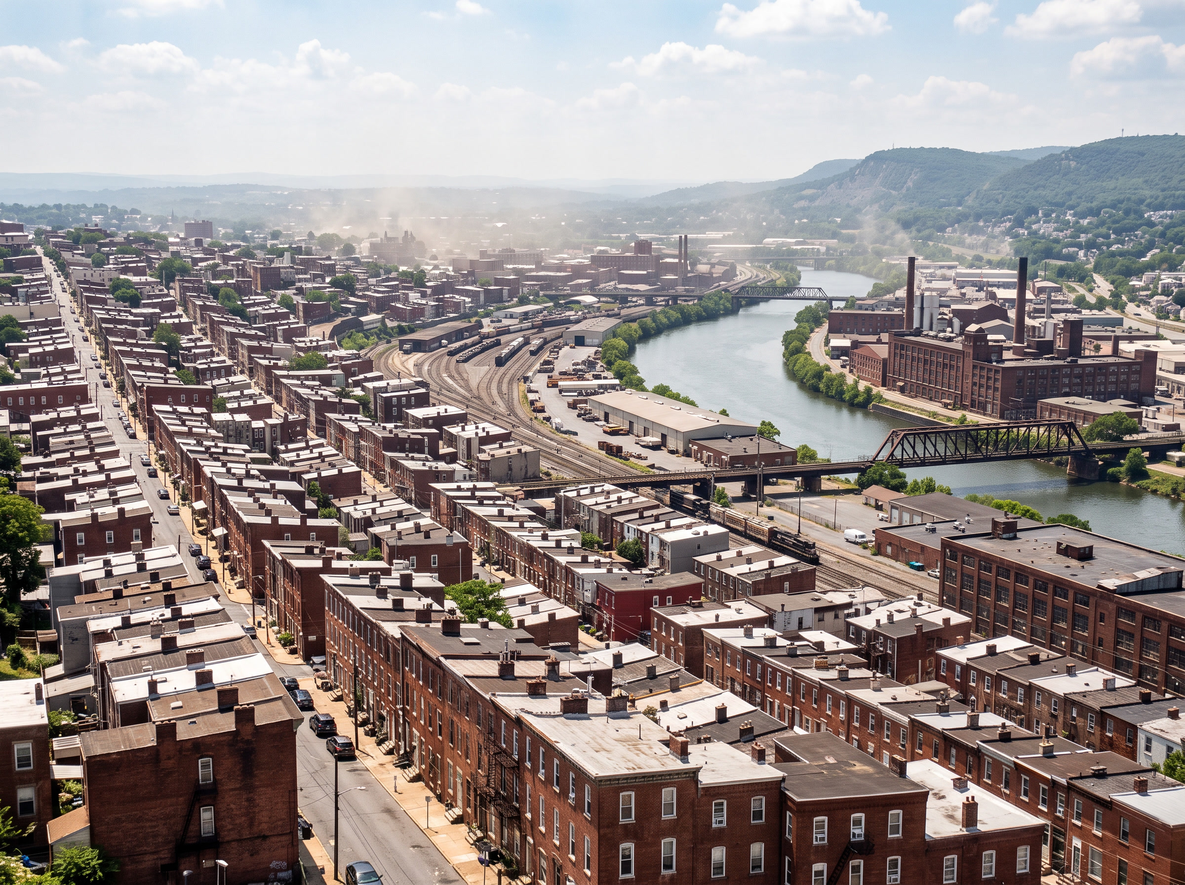 Schuylkill River flowing through Reading PA with the Reading Pagoda visible on Mount Penn — Berks County's summer heat and humidity make window film essential