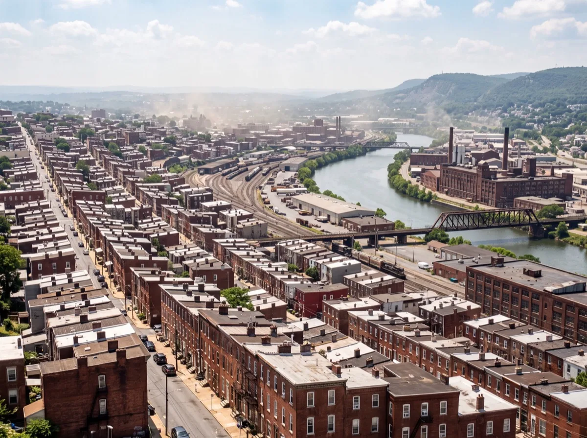 Schuylkill River flowing through Reading PA with the Reading Pagoda visible on Mount Penn — Berks County's summer heat and humidity make window film essential