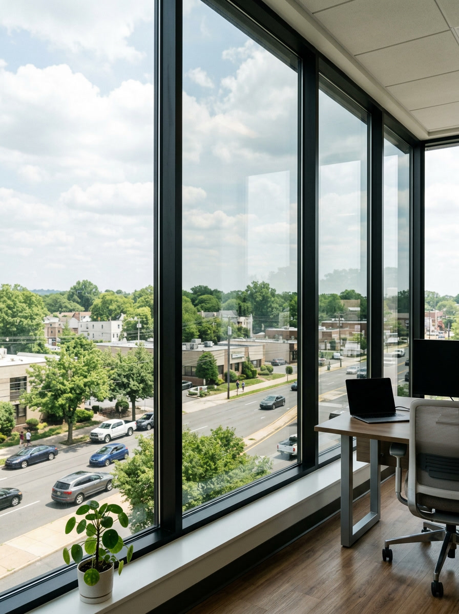 3M solar control window film installed in a Delaware County commercial office near Upper Darby — heat and UV reduction