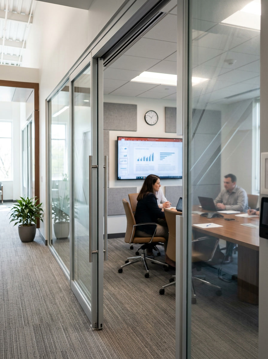 Casper cloaking film on conference room glass - LED screens invisible from outside