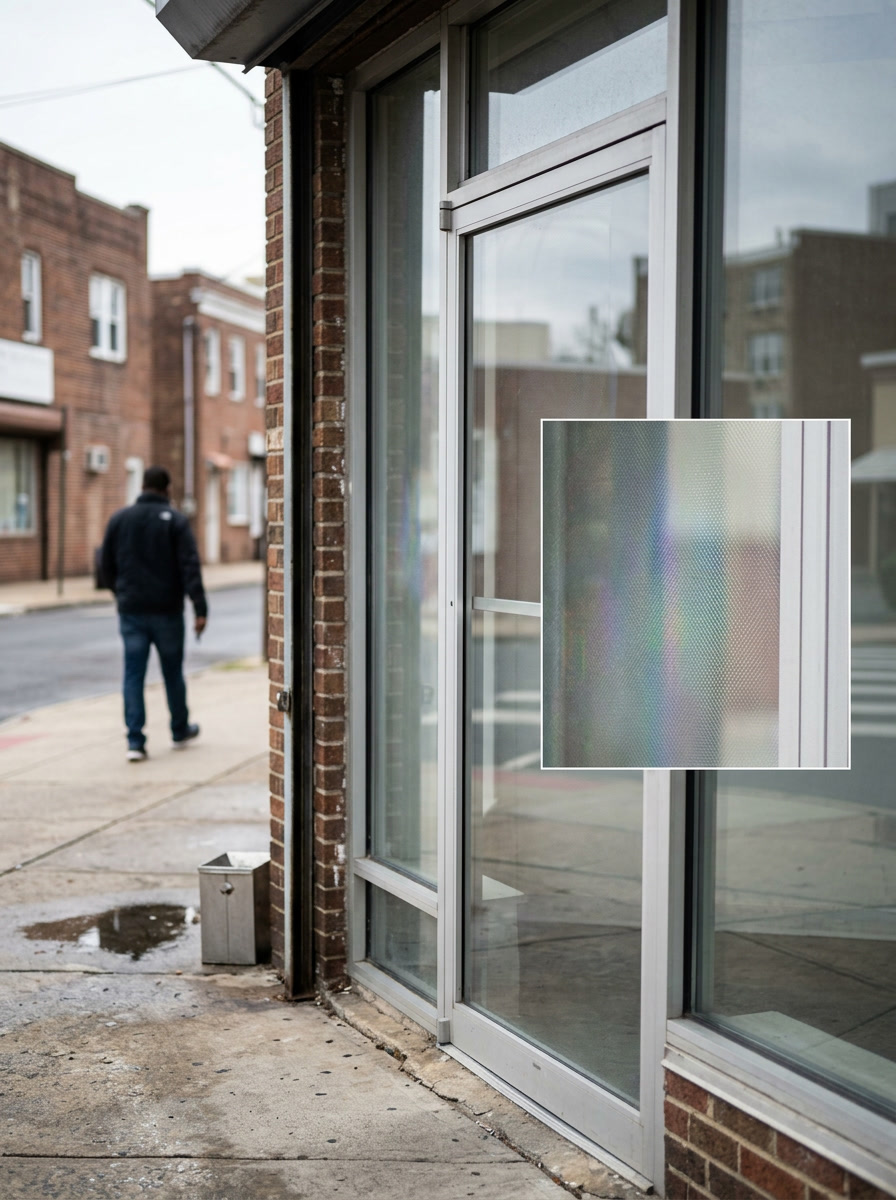C-Bond security film reinforcing a 69th Street storefront glass entrance in Upper Darby