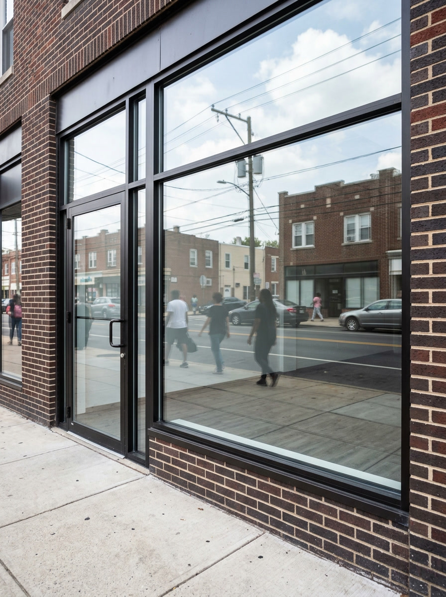 Clean unmarked storefront glass along 69th Street in Upper Darby protected by Graffiti Shield sacrificial film