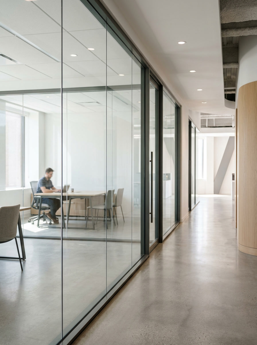 HDClear high-definition optically clear glass walls in a modern Upper Darby office